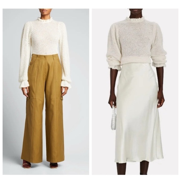 NWT ULLA JOHNSON Cream Laila Ruffled Alpaca-blend Lightweight Knit Sweater sz XL - Picture 3 of 16